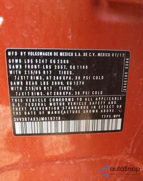 2018 Volkswagen Tiguan Se z USA, uszkodzony, nr VIN 3VV3B7AX3JM019718